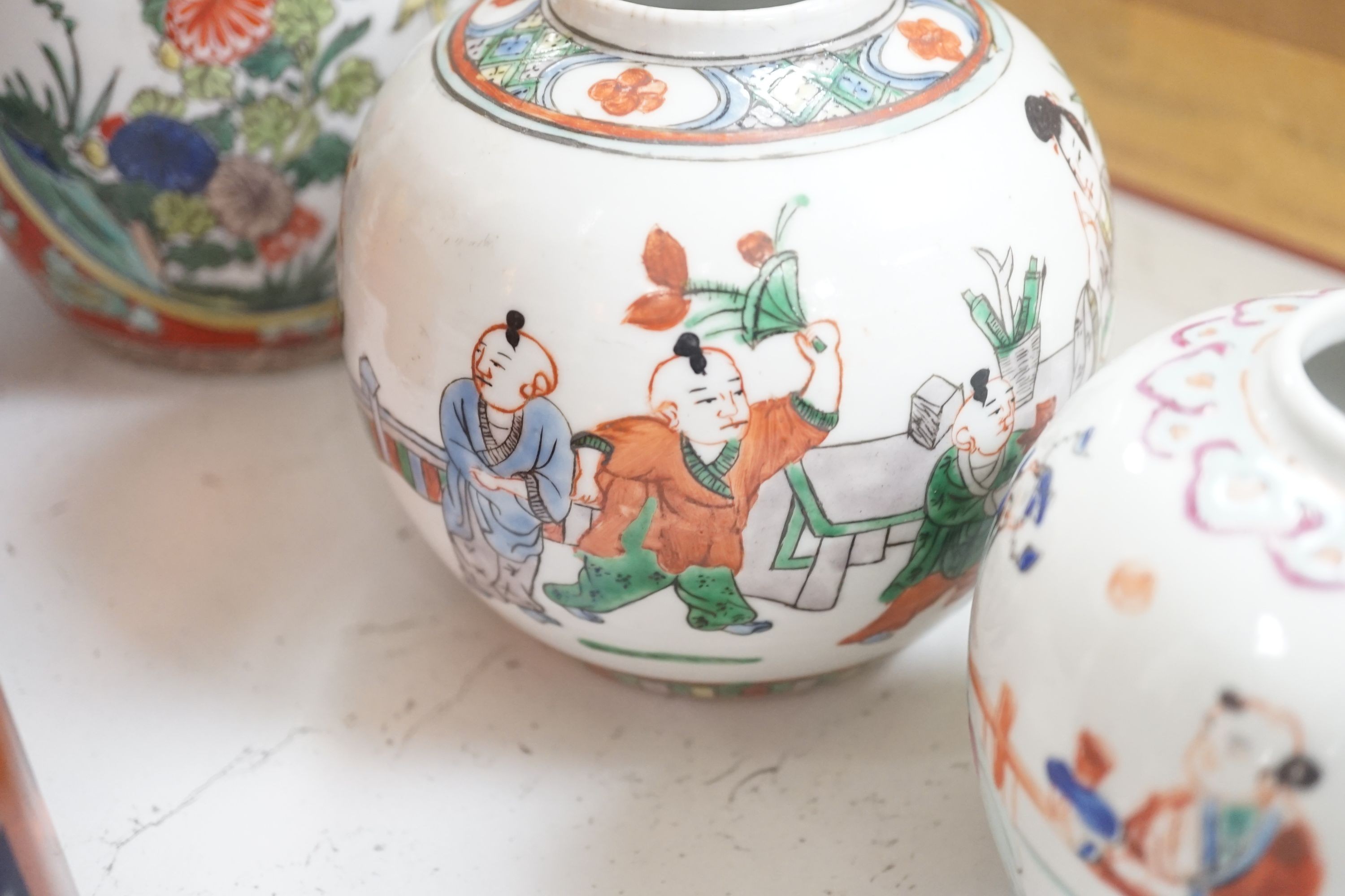 A group of Chinese famille rose jars, Paris porcelain lamps etc - tallest 34.5cm